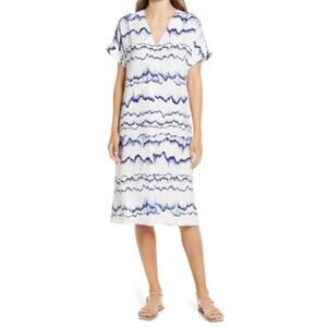Nordstrom Short Sleeve Shift Summer Dress In Ivory/ Blue Watercolor Waves - XXS